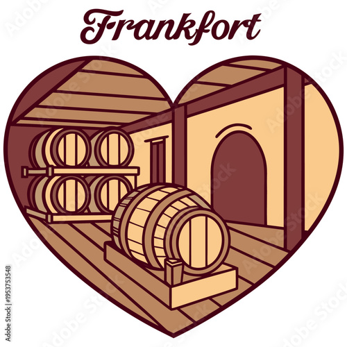 Kentucky Whiskey Aging Cellar with Oak Barrels Illustration in Heart Frame