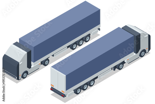 Isometric autonomous semi truck with long box trailer. Driverless freight transport, highway logistics, commercial cargo shipment, smart fleet management and future trucking technology