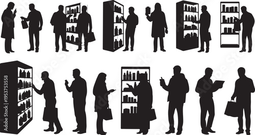 Silhouettes of people shopping in a store aisle together