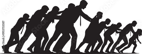 Silhouette of people pulling each other in a line