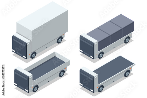 Isometric autonomous truck body variations including box truck, flatbed, cargo modules. Commercial transport design, logistics equipment, modular freight vehicle, delivery system, fleet configuration