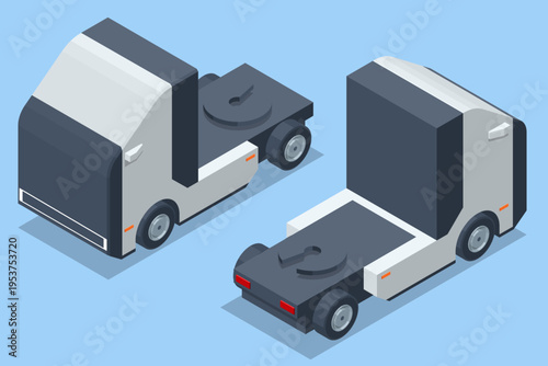 Isometric compact autonomous truck with detachable cargo body and tractor platform. Modular freight transport, smart logistics, driverless delivery vehicle, cargo exchange and warehouse automation