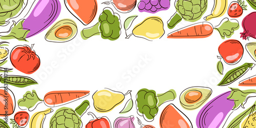 Hand drawn fruit and vegetable border. Flat style illustration background for healthy food menu, organic packaging and grocery store.