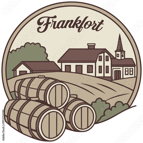 Vintage Style Frankfort Kentucky Distillery Landscape with Whiskey Barrels