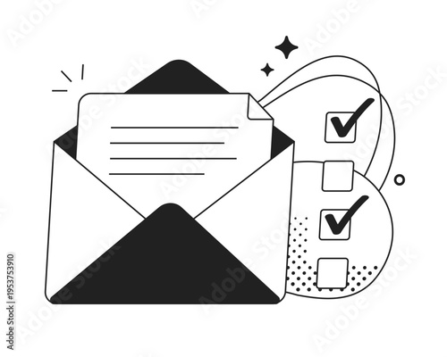 Email newsletter inbox survey message concept icon vector abstract modern minimal black white design drawn doodle illustration, subscription internet web mail envelope with information document
