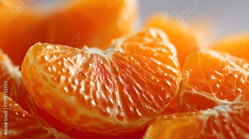 Close-up macro shot of juicy mandarin orange segments glistening with moisture