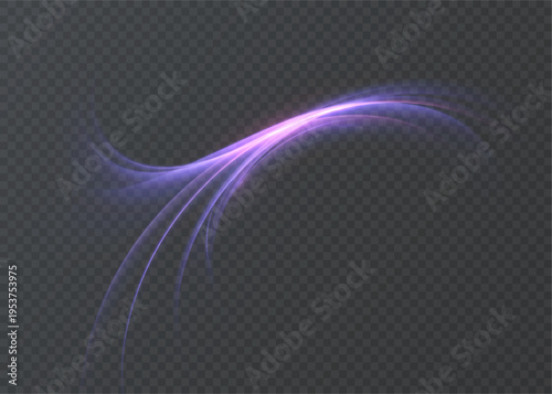 A bright purple light line with a curved direction and a glowing bright trail. A light beam that imitates the bright trail of a light stream.