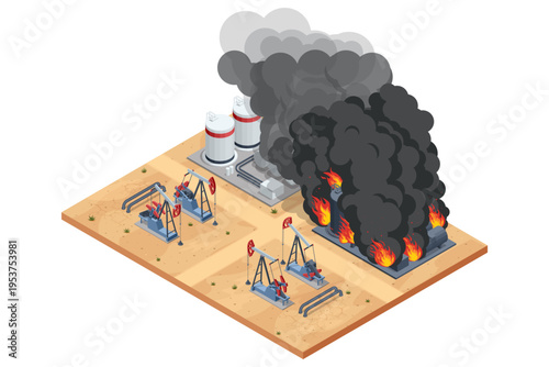 Isometric industrial disaster oil extraction site, pump jack field, storage tank and burning refinery unit under thick smoke. Petroleum accident, fire hazard, energy crisis, environmental threat