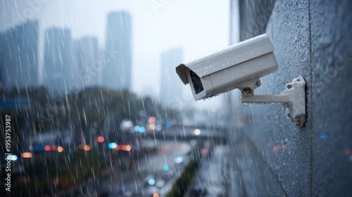 Surveillance Camera Mounted on Wall in Rainy Urban Setting with Blurred Cityscape Background and Raindrops for Security and Safety Themes