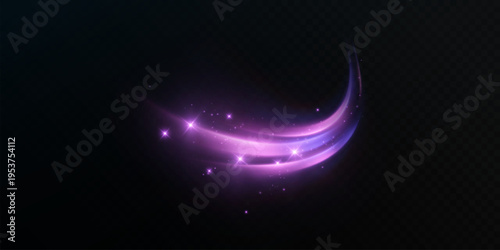 A soft, vibrant purple luminous arc with brilliant shine and shimmer against a dark background. An elegant, luminous curve for highlighting, creating magical accents, energetic effects, and overlays.