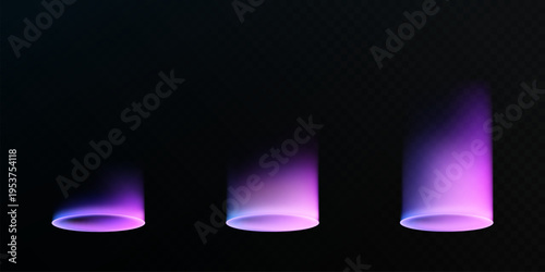Foto Purple glowing spotlight cones with circular base rings on dark background, stage illumination effect for podiums, portals and futuristic light design