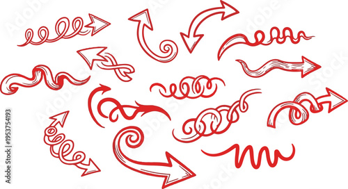 A collection of red arrows and swirling lines on a white background