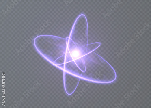 Purple glowing orbital lines with a bright energy core forming an abstract atom shape on transparent background. 