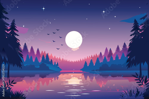 A serene nocturnal landscape with a full moon and silhouetted trees