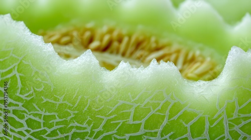 Macro close-up of a juicy honeydew melon's textured rind and seeds