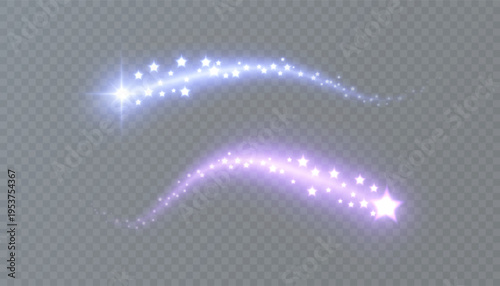 Bright, magical trails with shimmering stars and sparkles, isolated on a transparent background. A fantastic stardust effect for games, holiday designs, graphics, and digital illustrations.