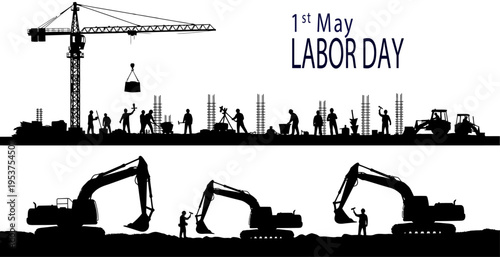 Labor day celebration with construction workers and machinery