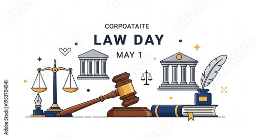 Law day may 1st illustration with gavel scales court buildings and legal documents