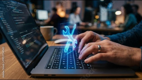 IT support and digital tools concept. Person using laptop with glowing wrench and screwdriver , representing system maintenance, tech service, customer support, and online troubleshooting in business