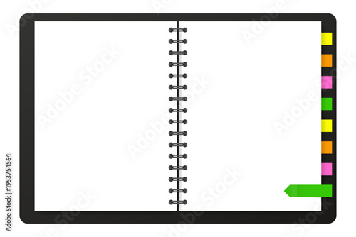 Mockup of a notebook with black cover, spiral and bookmarks. Stick in notes. Green, yellow, pink and orange colors. Tag, sticky note. Pointed bookmarks