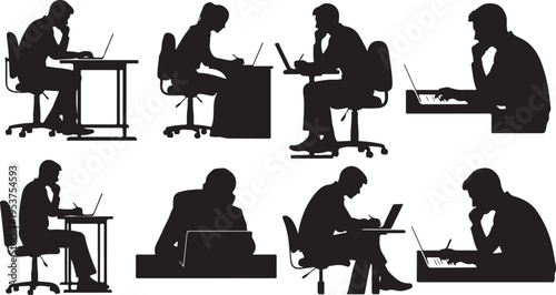 Silhouettes of people working on laptops in office settings