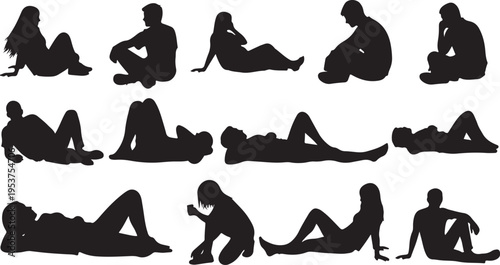 Silhouettes of people in various sitting and lying poses