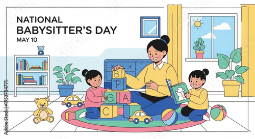Babysitter and two children playing with blocks on colorful mat in living room on national babysitter's day