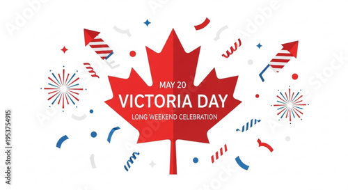 Victoria day celebration with red maple leaf and fireworks on white background
