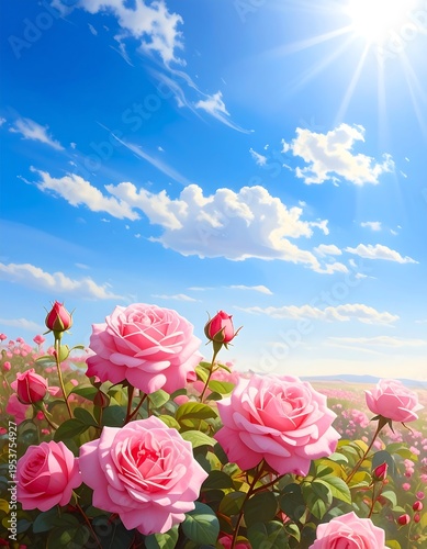 Lush pink roses bask in radiant sunlight beneath a clear blue sky