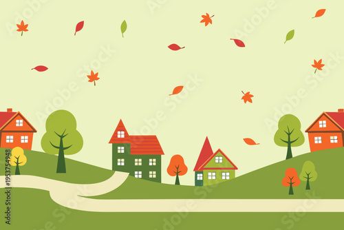 Charming autumnal village scene with colorful falling leaves