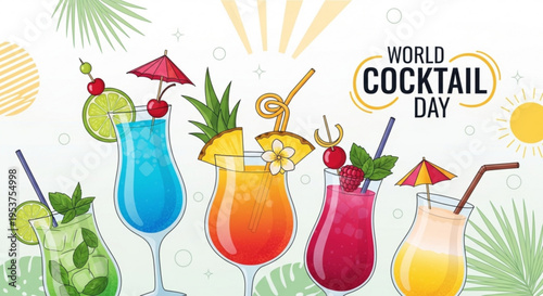 Vibrant cocktails with umbrellas and fruit on world cocktail day colorful drinks in wine glasses on a tropical background with sunburst