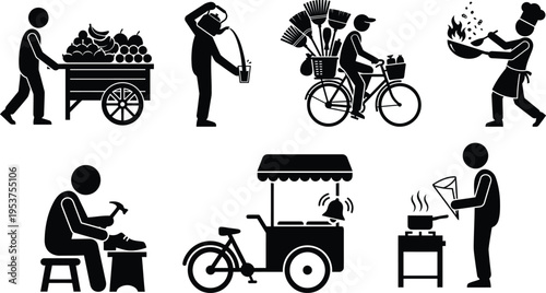 Street Vendors and Manual Laborers Icon Set, Traditional Small Business Owners and Street Food Workers Stick Figure Pictogram, Informal Economy Silhouette Vector for Urban Life Graphics