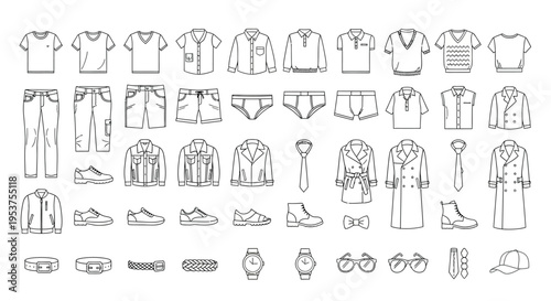 Men’s Clothing and Accessories Line Art Set – Shirts, Pants, Shoes and Fashion Items Outline Collection 