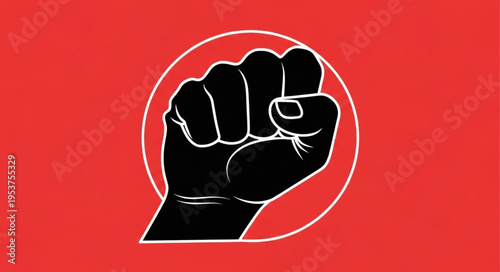 Raised Fist Symbol of Solidarity and Resistance on Red Background.