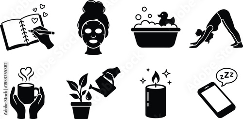 Self care and wellness icon set featuring yoga, skincare, journaling, meditation, and healthy habits for mental health, mindfulness, and daily routine, flat vector illustration