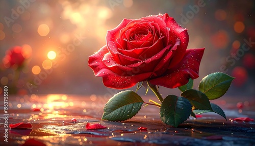 Lush red rose with dewdrops, backlit by warm golden sunlight