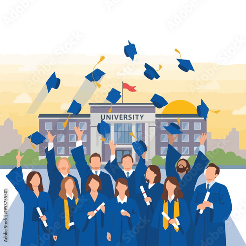 Cartoon illustration of a group of graduates celebrating a successful college ending