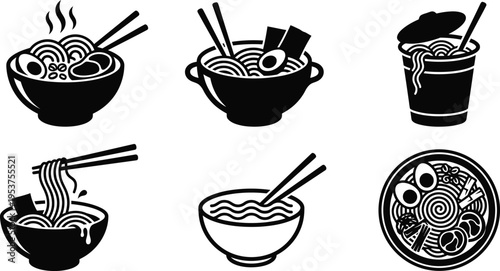 Ramen Noodles Silhouette Vector Set | Japanese Food Bowl Soup Icon