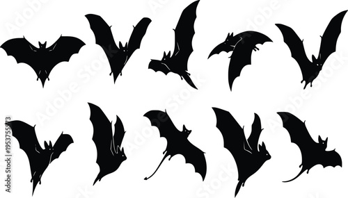 Flying bats silhouette vector set isolated on white background