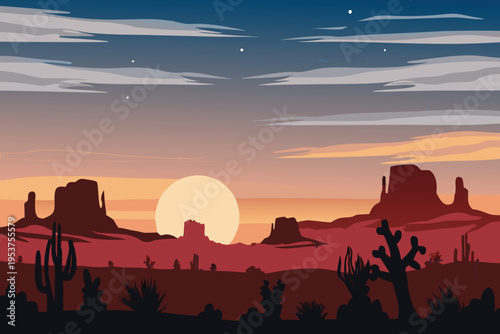 Desert landscape with cacti rock formations and a setting sun