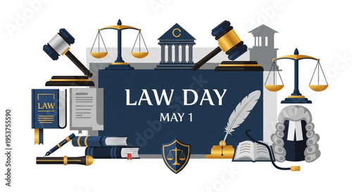 Law day may 1st illustration with legal symbols and justice scales