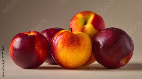 A vibrant still life of five ripe nectarines with smooth, glossy skin in varying shades of red and yellow