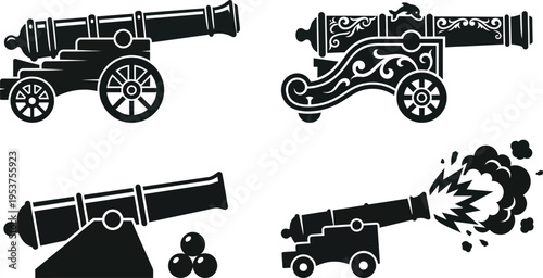 Ancient Pirate Cannon Vector Set | Ship Artillery Weapon Flat Design 4 Collection Black Isolated on White Background

