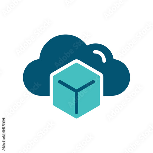 A cloud with a cube represents virtualization and abstract cloud resources. This graphic suits infrastructure dashboards, hosting services, datacenter materials, and enterprise technology 