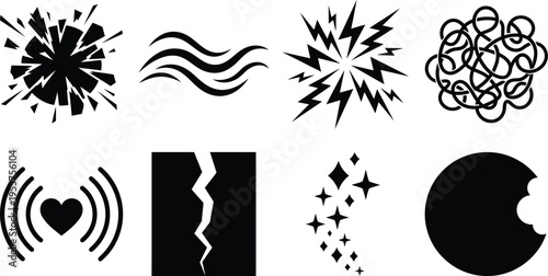 Abstract Vector Icons and Comic Style Symbols Set Featuring Explosion, Wind Waves, Electric Spark, Chaos Scribble, Heart Pulse, Fracture Crack, Sparkles, and Bitten Circle Isolated