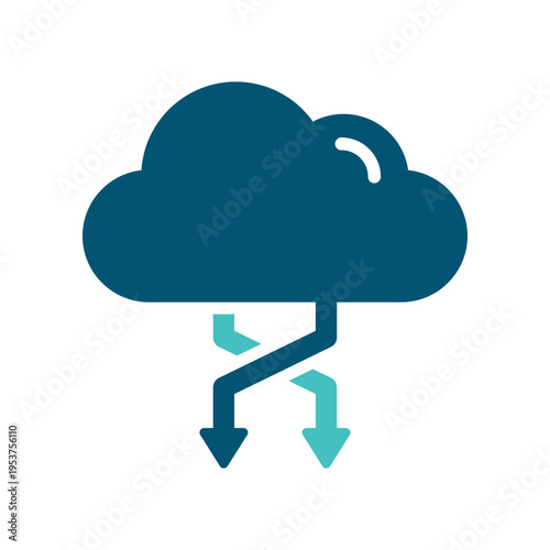 A cloud with branching arrows represents balanced traffic distribution across cloud resources. This graphic suits hosting dashboards, infrastructure diagrams, network services