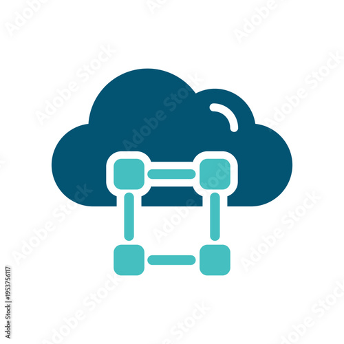 A cloud with a connected square grid represents clustered cloud nodes and shared resources. This graphic suits infrastructure diagrams, hosting platforms, server management tools