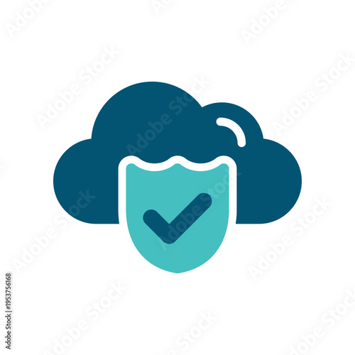 A cloud with a shield and check mark represents protected and verified cloud security. This graphic suits privacy dashboards, hosting services, secure storage tools, and cybersecurity materials