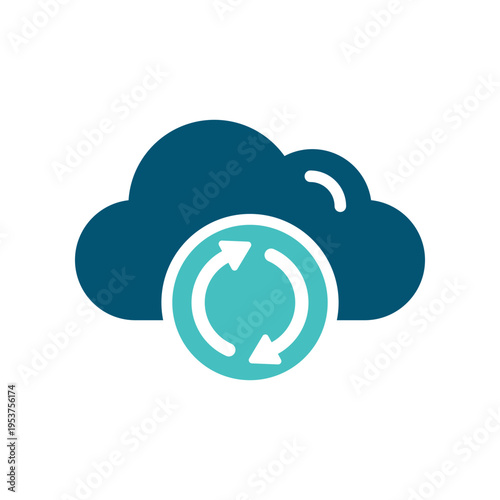 A cloud with circular arrows represents synchronization and continuous cloud refresh. This graphic suits backup tools, hosting dashboards, file services, and online workflow materials
