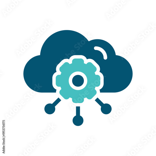 A cloud with a gear represents infrastructure as a service and configurable cloud resources. This graphic suits hosting dashboards, enterprise platforms, datacenter materials, and technology 